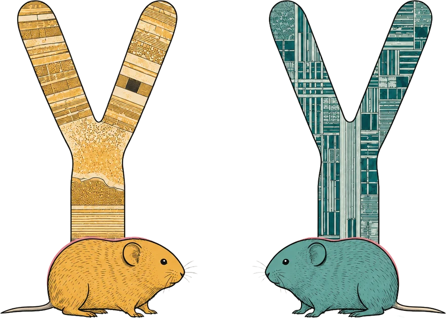 The prairie vole Y chromosome and the meadow vole Y chromosome drawn side by side, each above its species